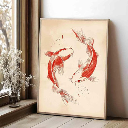 Red Koi Fish Wall Art Red Fish Painting Sea Animals Poster Vintage Animal Wall Art Neutral Beige Picture Japanese Koi Poster Chinese Canvas Oriental Aesthetic Modern Room Decor 16x24inch No Frame
