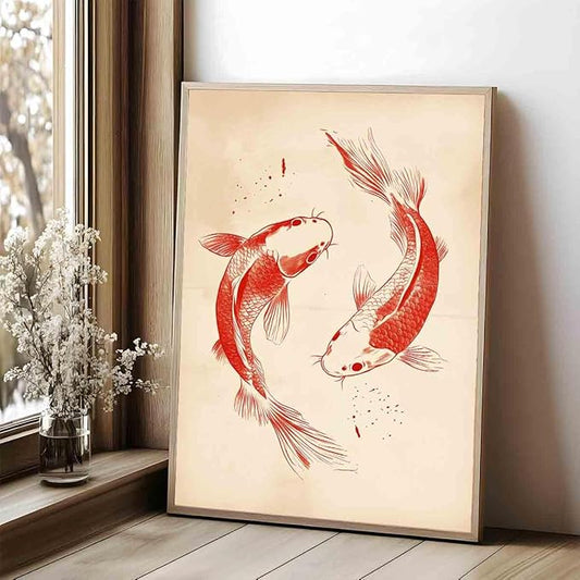Red Koi Fish Wall Art Red Fish Painting Sea Animals Poster Vintage Animal Wall Art Neutral Beige Picture Japanese Koi Poster Chinese Canvas Oriental Aesthetic Modern Room Decor 16x24inch No Frame