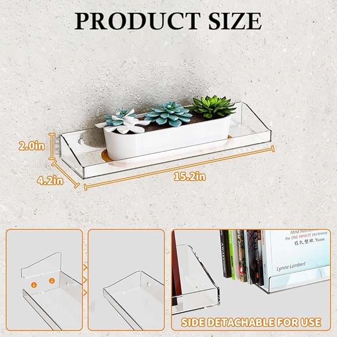 4 Pcs Acrylic Floating Shelves, 15" Wall Mounted Bookshelves Farmhouse Shelves for Display Book Photo Figures Plants, Display Shelf Organizer for Bedroom Living Kitchen Room Storage