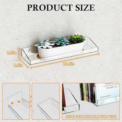 4 Pcs Acrylic Floating Shelves, 15" Wall Mounted Bookshelves Farmhouse Shelves for Display Book Photo Figures Plants, Display Shelf Organizer for Bedroom Living Kitchen Room Storage