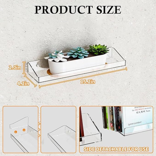 4 Pcs Acrylic Floating Shelves, 15" Wall Mounted Bookshelves Farmhouse Shelves for Display Book Photo Figures Plants, Display Shelf Organizer for Bedroom Living Kitchen Room Storage