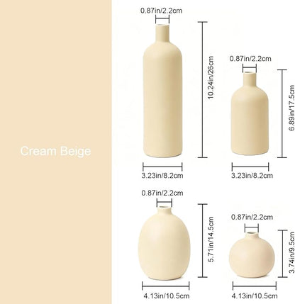 Beige Ceramic Vase Set of 4, Modern Neutral Colors Home Decor, Rustic Farmhouse Decorative Flowers Vases for Bouquet, Pampas | Table Mantel Centerpiece Bookshelf Living Room Bedroom (Beige)