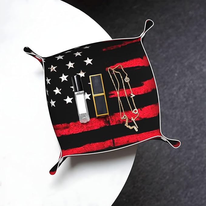 Valet Tray for Men Husband Boyfriend Boys – Catchall Bedside Vanity Tray, Nightstand Caddy Leather Holder for Keys, Phone, Wallet, Coins, Trinkets & Jewelry Black Red American Flag 015