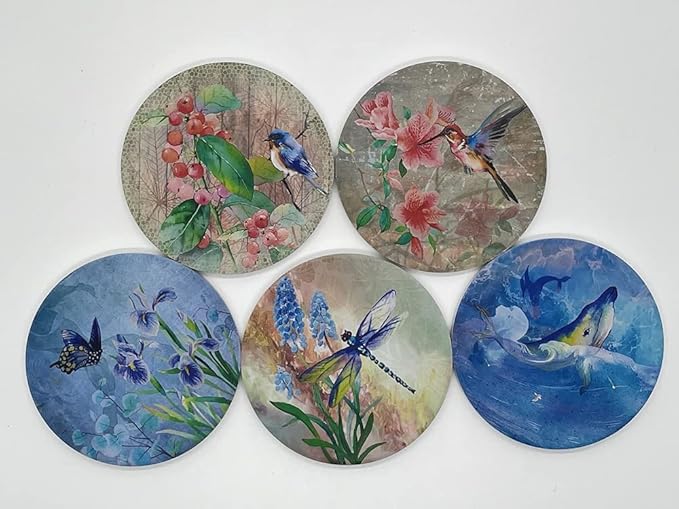 Coasters for Drinks, Set of 10 Absorbent Ceramic Stone Coasters, Natures, with Cork Back 5 Designs