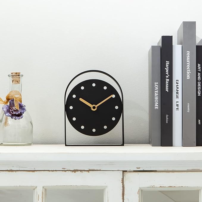 SOFFEE DESIGN One-Piece Tabletop Clock Arched Frame Without Scale Modern Minimalist Design, Desk Clock Battery Operated Non Ticking for Office Bedroom Living Room, Black