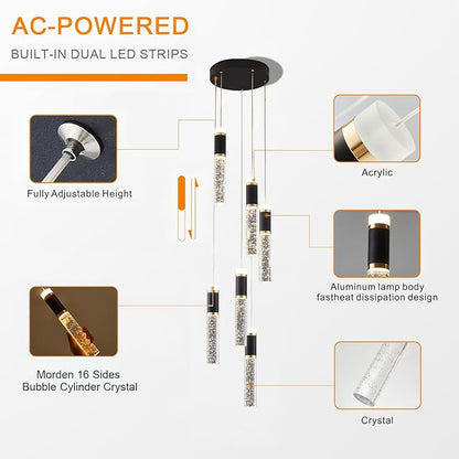6-Lights Led Chandelier, Black and Gold Crystal Modern Led Chandelier for Dining Room, Luxury Dimmable Enterway Led Pendant Lights Fixture with Remote Control Flush Mount