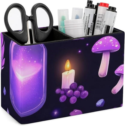 Leather Table Pen Organizer Pencil Pen Holder Office Home Desk Organize Gothic Magic Witch Witchy Trippy Purple Mushrooms