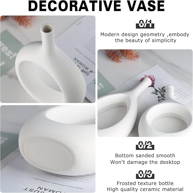 White Ceramic Hollow Elliptical Vase Set of 2 - Boho Circle Vase with Hole, for Modern White Table Decor, Living Room Decor Shelf mid Century Modern Home Entrance Decorative vase