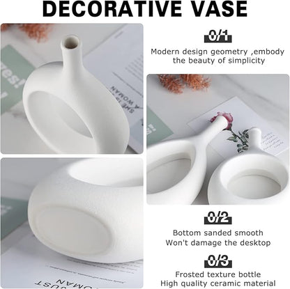 White Ceramic Hollow Elliptical Vase Set of 2 - Boho Circle Vase with Hole, for Modern White Table Decor, Living Room Decor Shelf mid Century Modern Home Entrance Decorative vase