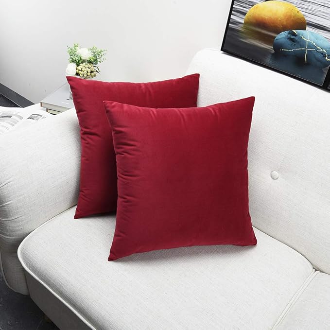 Artaimee Harvard Crimson Velvet Throw Pillow Covers – 18x18 Inches, Set of 2 – Soft, Cozy Cushion Covers for Sofa, Bed, Chair, Couch, Home Décor