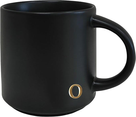 COLLECTIVE HOME - Black Monogram Ceramic Mugs, 15 oz Golden Initial Coffee Cups, Elegant Alphabet Tea Mugs, Personalized Halloween Mug with Gift Box, Perfect for Office and Home Décor (o)