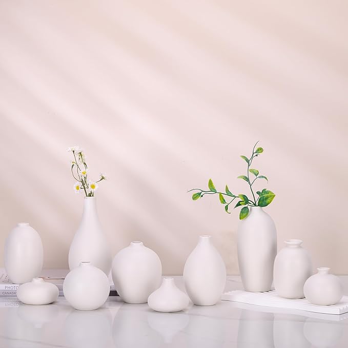 Ceramic Bud Vase Set of 10 - White mini Bud Vases in Bulk Dining Table Centerpieces, Cute Bulk Small Flower Vase for Pampas Grass&Single Flower Decor, Ideal Wedding Window Sill Aesthetic Desk Decor