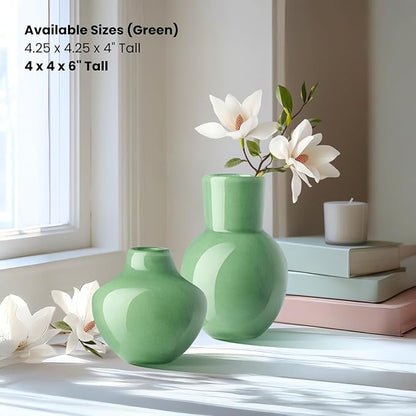 Torre & Tagus 6" Mouth Blown Art Glass Vase for Flowers - Opaque Green Small Table Vase & Handmade Small Green Accent for Boho Home Decor, Neutral Bud Vases as Decorative Shelf Decor or Wedding