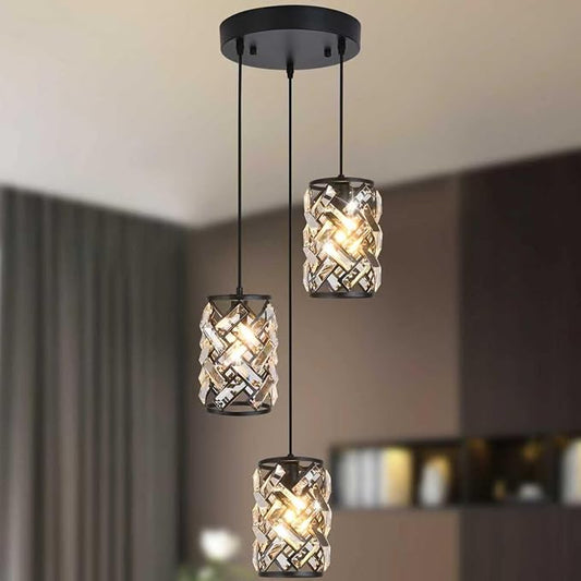 Black Crystal Pendant Lights Kitchen island, Adjustable Hanging Chandelier with Ambient Lighting, 51 Inch Chain, E12 Base, Plated Modern Farmhouse Fixture for Dining Room, Bedroom, Living Room