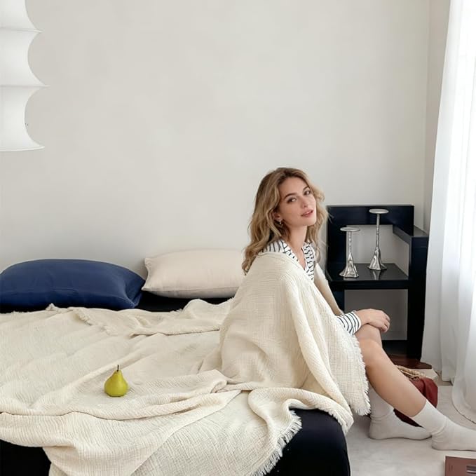 100% Cotton 4-Layer Muslin Blanket with Fringes, 80"x90", Beige Bed Blanket, Ultra-Soft Gauze Boho Bedding for All Seasons, Breathable for Couch, Bed(Beige,Queen)