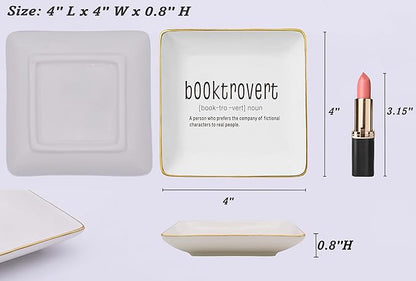 NZY Booktrovert Definition Gifts-Booktrovert Ceramic Jewelry Tray Gifts for Women-Book Reader Lover-Bookish Book Reader Librarian Decor-Trinket Holder Ring Dish
