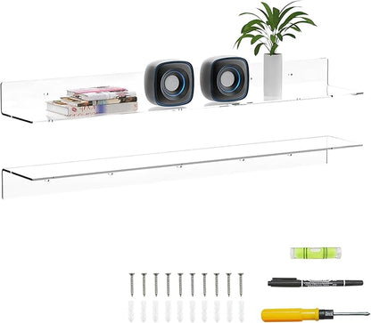 Sezanrpt 36 Inches Acrylic Wall Shelves 2 Pack, Floating Shelf for Wall Mounting, Acrylic Display Ledges for Funko Pop Figures, Home Décor, Living Room, Gaming Room, Plants(36 inch, Clear)