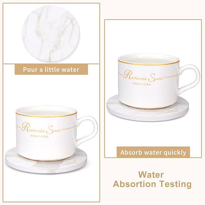 White Marble Coasters Set of 6 Best Round Ceramic Absorbent Coasters with Holder Coffee Cup Coaster Modern Drink Coaster for Bar, Table, Desk