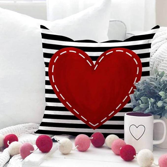 GEEORY Valentine's Day Pillow Covers 16 x 16 Inch Set of 4 - Red Black Stripes Love Heart I Love You Throw Pillows Decorative Cushion Cases for Valentine Decor