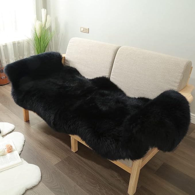 LLB Genuine Sheepskin Area Rug Wool Rug Fur Carpet Fluffy Shaggy Fur Rug for Living Room Kids Bedroom Real Sheepskin Throw Lambskin Rugs Sofa Mat Chair Seat Covers (Black, 2 x 6 ft Sheepskin)