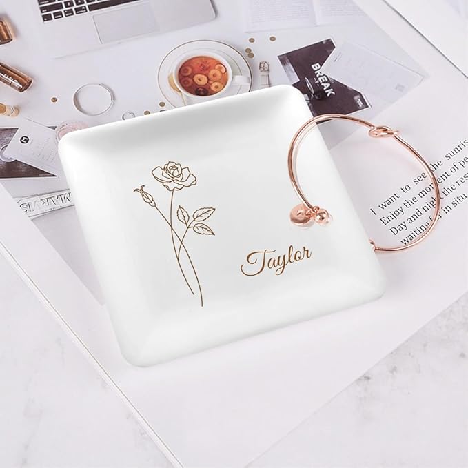 Personalized Jewelry Dish Tray - Bridesmaid Gifts, Proposal Ring Dish, Trinket Holder for Women (Custom Text, Catchall Tray)