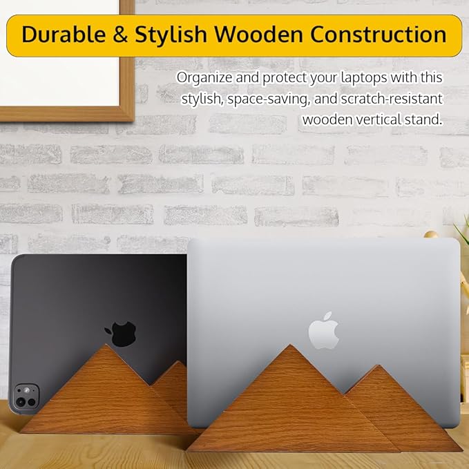 Dual Laptop Holder Vertical Stand 2 Slots Wooden - Light Brown (Oak Color) - Vertical Holder for Desk, MacBook Pro & Air, Desktop Organizer Made of Natural Wood, Adjustable Stand for Notebooks