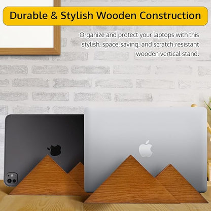 Dual Laptop Holder Vertical Stand 2 Slots Wooden - Light Brown (Oak Color) - Vertical Holder for Desk, MacBook Pro & Air, Desktop Organizer Made of Natural Wood, Adjustable Stand for Notebooks