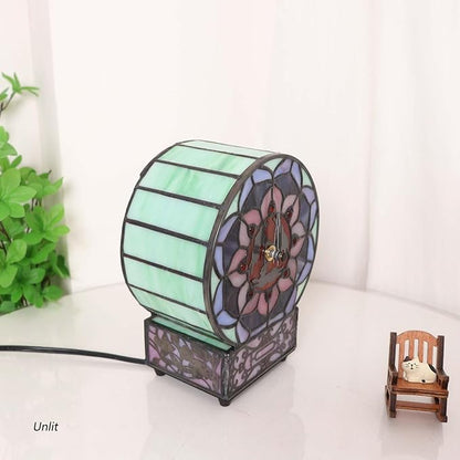Bieye L12017 Tiffany Style Stained Glass Desk Clock Table Lamp with Lotus Flower Design (Three Hares)