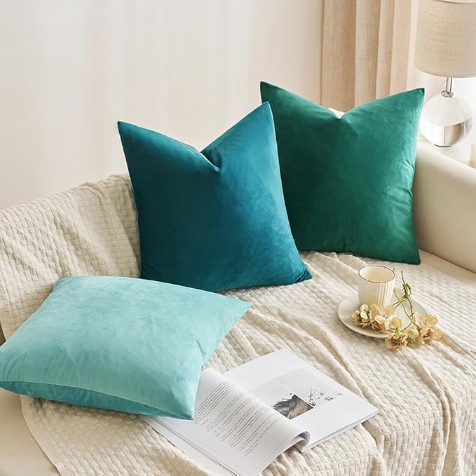 MIULEE Velvet Throw Pillow Covers 20x20 inch, Pack of 2 - Teal, Soft Solid Decorative Pillow Covers Square Cushion Cases Modern Luxury Home Decor for Spring Couch Sofa Bedroom