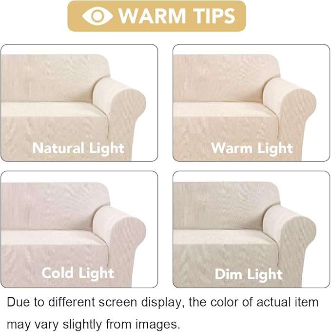 H.VERSAILTEX Stretch Couch Covers for Sofa 1 Piece Slipcovers for Couches and Sofas 3 Seater Couch Cover Feature Thick Checked Jacquard Fabric with Elastic Bottom(Large Sofa 90"-100" Wide, Natural)