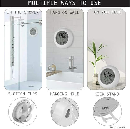 Sonnet Shower Clock for Bathroom and Kitchen - Large Digital Display Shows Time, Date, Day of The Week and Temperature. Large Suction Cups, Hanging Hole, and Kick Stand - Atomic Clock