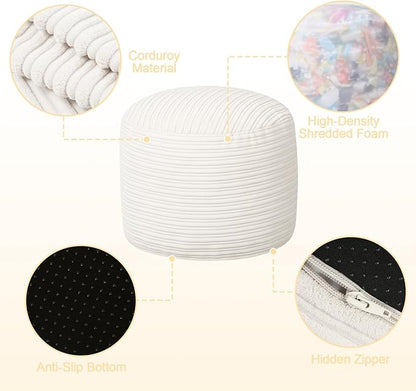 MeMoreCool Stuffed Round Pouf Ottoman Foot Rest, Soft Plush Floor Pouf Foot Stool, Corduray Footstool Footrest, Small Round Ottoman for Living Room Couch Sofa Chair, 20x15 Inch Beige