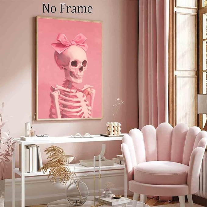 Pink Skeleton Wall Art Vintage Skull Poster Pink Bow Pictures Cute Bow Pictures Quirky Trendy Wall Art Skeleton Funny Halloween Poster Aesthetic Living Room Decor 16x24inch No Frame