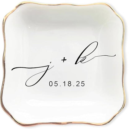 Custom Engagement Ring Holder Ring Dish, Custom Wedding Gifts for Couple, Bridal Shower Couple Jewelry Tray, Monogrammed Engagement Wedding Gifts for Bride 2