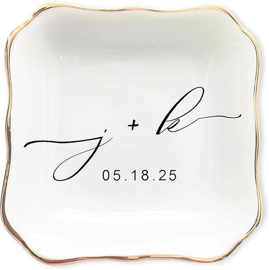 Custom Engagement Ring Holder Ring Dish, Custom Wedding Gifts for Couple, Bridal Shower Couple Jewelry Tray, Monogrammed Engagement Wedding Gifts for Bride 2