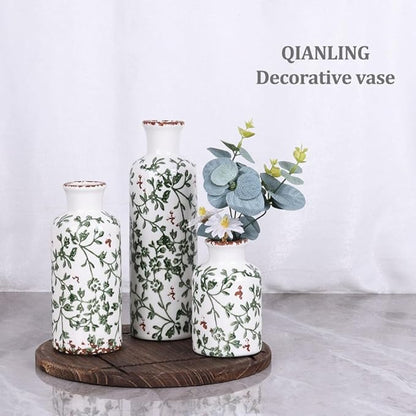 Green Ceramic Vase Set - 3 Chinoiserie Green Floral Vases, Farmhouse Country Flower Vase Home Decor, Living Room Decoration, Table Decoration, Fireplace Decor, and Entrance Decorations Centerpiece