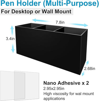 Acrylic Pen and Silverware Holder, Makeup Brush Cup,Desktop or Wall Mount Storage Organizer,Perfect for Office, Stationery, Kitchen and Bathroom Caddy,Desk Pencil Accessories.(Black)