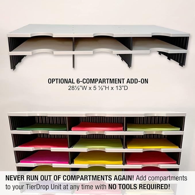 Desktop Organizer 6 Letter Tray Sorter Plus Riser Storage Base for Easy Access to Lower Slots, Desk Accessories & Supplies. Optional File Topper & Drawers