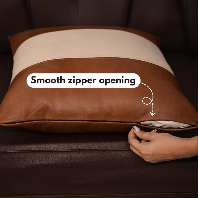 D DOLLY LAMB Lambskin Leather Pillow Cover - Sofa Cushion Case - Decorative Throw Covers for Living Room & Bedroom, 14x14 Inches - Tan & Off - White Plain