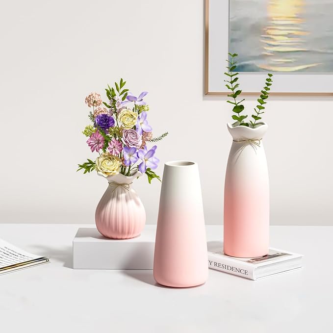 OERGKE 3-Pack Ceramic Vase with Painting Kit, Small vases for Flowers, Modern Rustic Boho Vases for Home Living Room Farmhouse Decor Dining Table Bedroom Table and Kitchen Shelf (Pink)