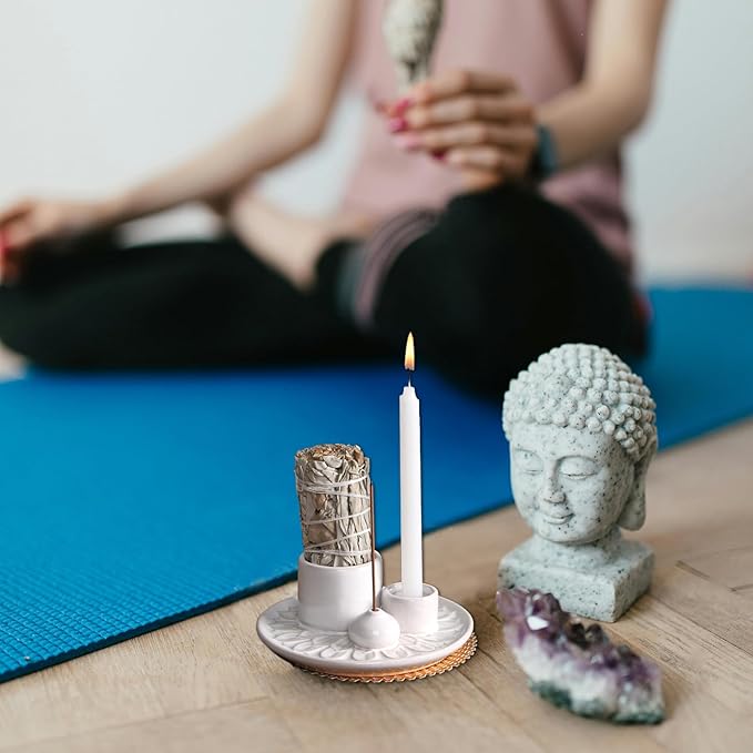 4 in 1 Multifunctional Ceramic Incense and Candle Holder with Ash Catcher Tray Suit for Burning White Sage, Palo Santo Sticks (White)