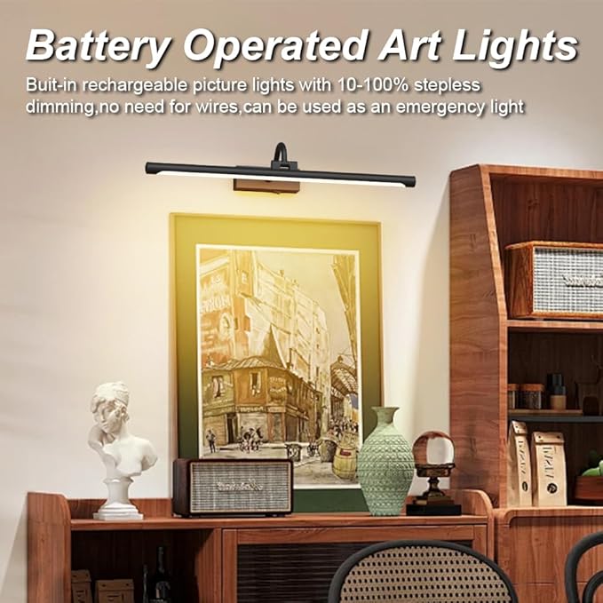 Aipsun 23.6" Black Picture Lights for Wall Rechargeable,12000mAh Battery Operated Art Light for Paintings,3CCT Dimmable, Rotatable Gallery Light for Pictures Display