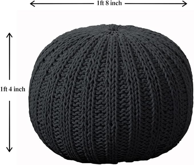 LR Home Black Cableknit Cotton Round Ottoman for Home Decor | Hand-Made Casual Foot Rest for Bedroom & Living Room Decor | 20 x 20 x 16 Stuffed Pouf for Seating