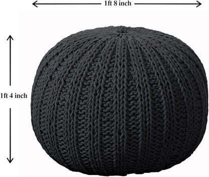 LR Home Black Cableknit Cotton Round Ottoman for Home Decor | Hand-Made Casual Foot Rest for Bedroom & Living Room Decor | 20 x 20 x 16 Stuffed Pouf for Seating