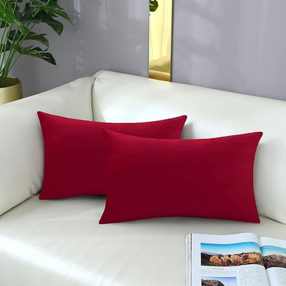 mixeoo Comfy Christmas Red Throw Pillow Covers Decorative Long Lumbar Solid Thick Velvet Super Soft Cushion Cases Home Decor for Sofa Couch Living Room Chair, Set of 1, 14 x 36 Inch