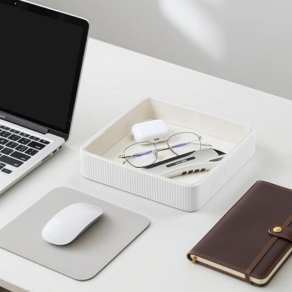 Small Valet Tray, 8"x8" Nightstand Organizer for Women Men| PU Leather Desk Organizer Trinket Dish| Decorative Vanity Tray Catch All Key Bowl for Dresser Bedside Coffee Table Entryway (Cream)