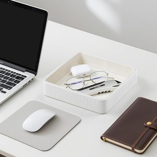 Small Valet Tray, 8"x8" Nightstand Organizer for Women Men| PU Leather Desk Organizer Trinket Dish| Decorative Vanity Tray Catch All Key Bowl for Dresser Bedside Coffee Table Entryway (Cream)