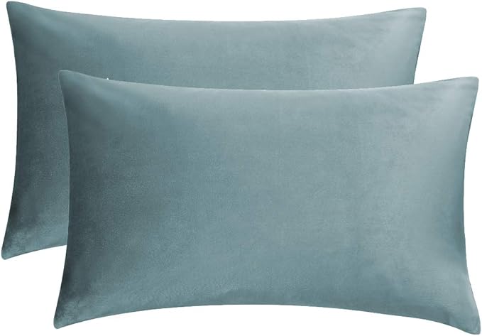 GIGIZAZA Stone Blue 12x20 Velvet Decorative Lumbar Throw Pillow Covers for Sofa Bed 2 Pack Soft Cushion Cover