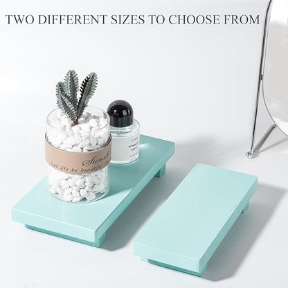 zoocatia Small Wood Tray Pedestal Stand Farmhouse Bathroom Decor Decorative Wooden Riser Kitchen Soap Dish Holder for Vanity, Counter, Sink, Light Blue