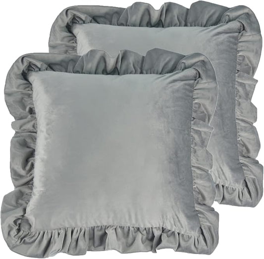 Velvet Ruffle Throw Pillow Covers Couch, Set of 2 Decorative Pillowcases with Ruffles 18x18 Inch Solid Color Shabby Chic Farmhouse Cushion Cover for Living Room Sofa Bed, Light Gray